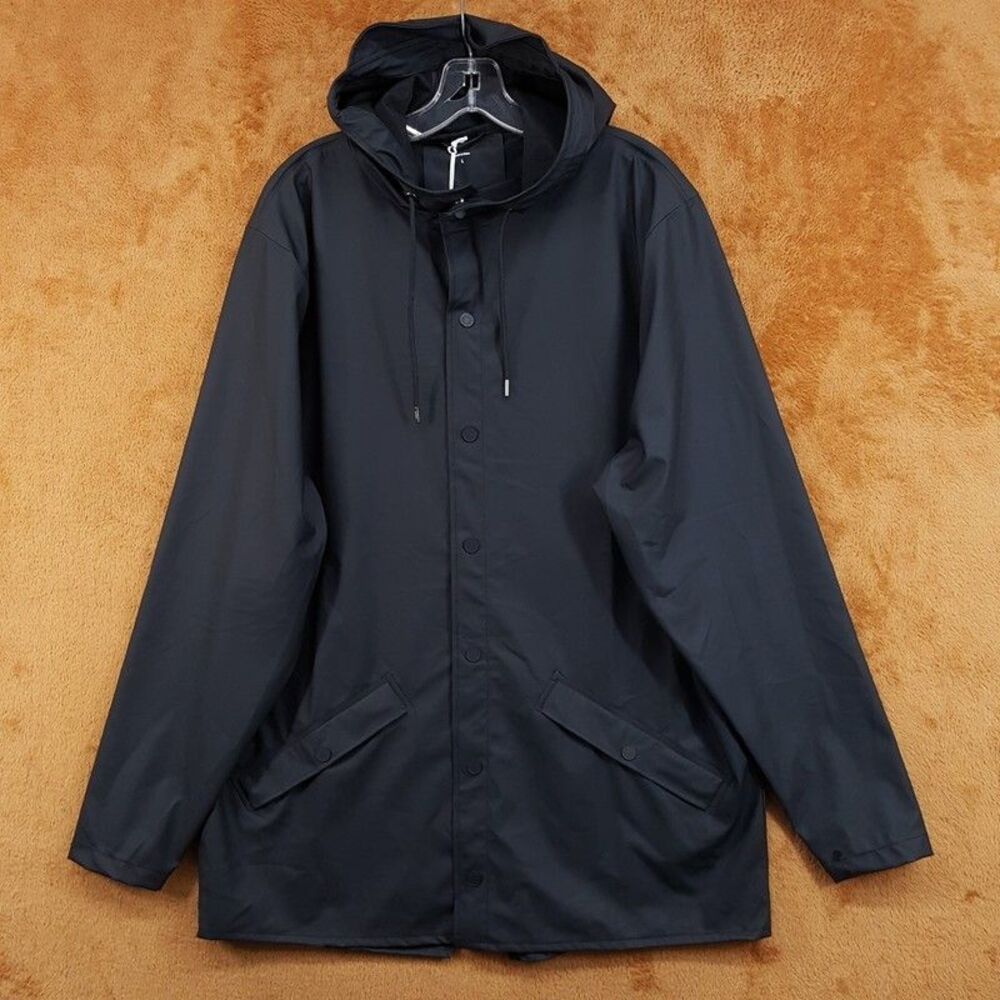 RAINS Jacket Medium Black Hooded Raincoat Mid Length Essential Rain Coat Unisex